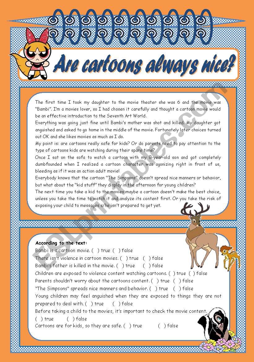 Are cartoons always nice?  comprehension, grammar (past perfect  rules, examples, exercises), suggestion of oral activities [3 tasks + 6 suggestions] KEYS INCLUDED ((3 pages)) ***editable